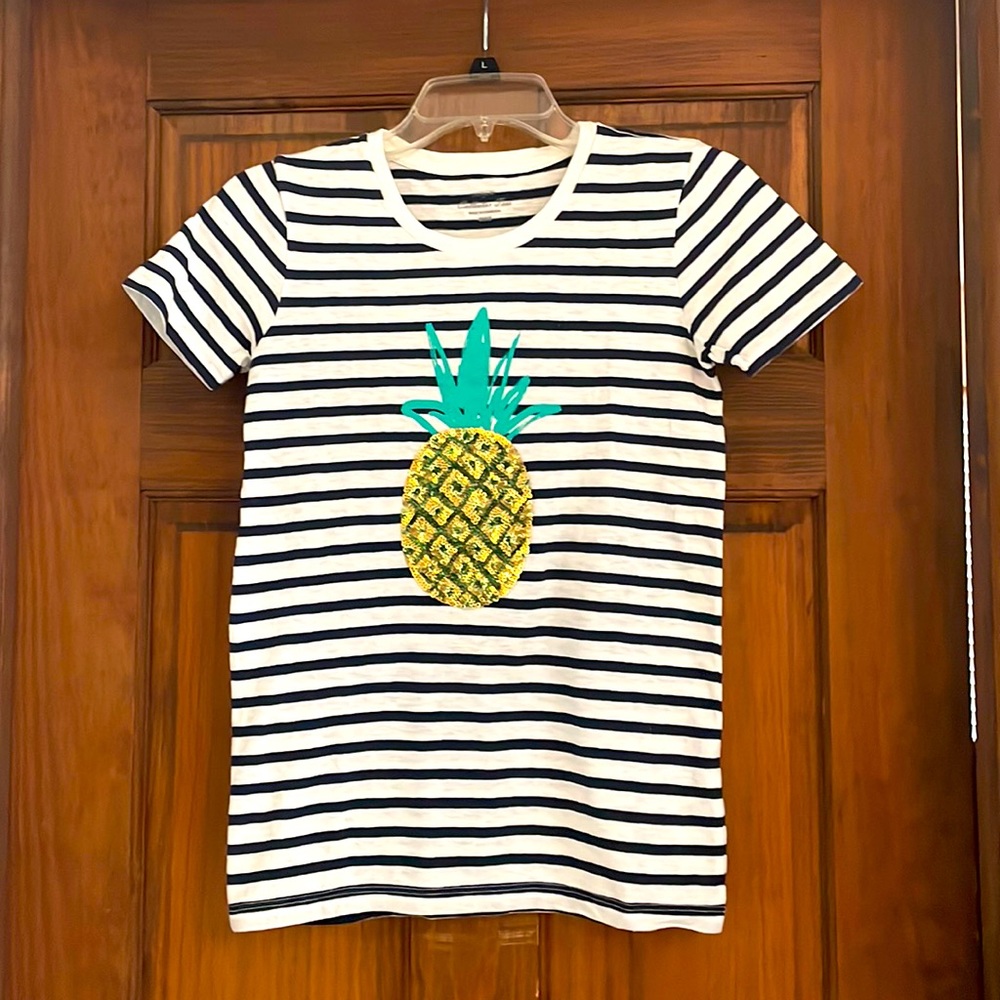 J. Crew Striped Pineapple Shirt. Navy Blue Stripes.